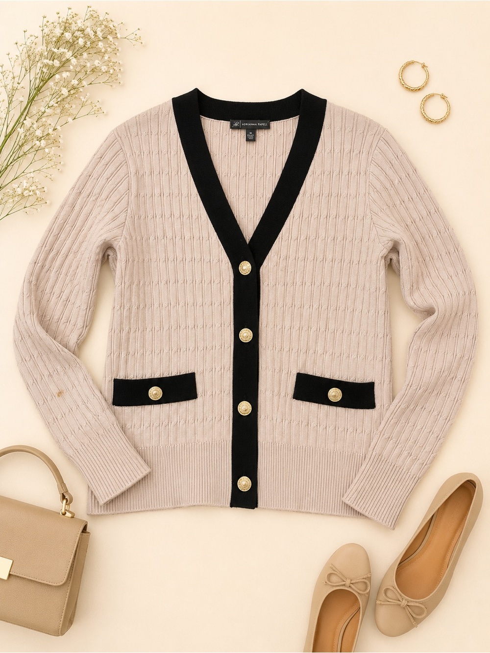 Adrianna Papell Cable Knit Cardigan Medium Beige Black Gold Buttons